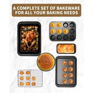 Nonstick Baking Pans Set, 19 PCS Stackable Bakeware Sets, Oven Pan Set Includes Baking Tray, Cookie Sheet, Cake Pans, Loaf Pan, Muffin Pan, Silicone Cups