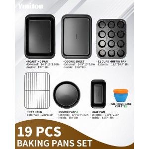 Nonstick Baking Pans Set, 19 PCS Stackable Bakeware Sets, Oven Pan Set Includes Baking Tray, Cookie Sheet, Cake Pans, Loaf Pan, Muffin Pan, Silicone Cups