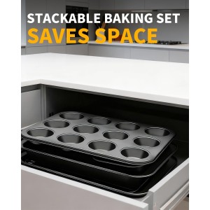 Nonstick Baking Pans Set, 19 PCS Stackable Bakeware Sets, Oven Pan Set Includes Baking Tray, Cookie Sheet, Cake Pans, Loaf Pan, Muffin Pan, Silicone Cups