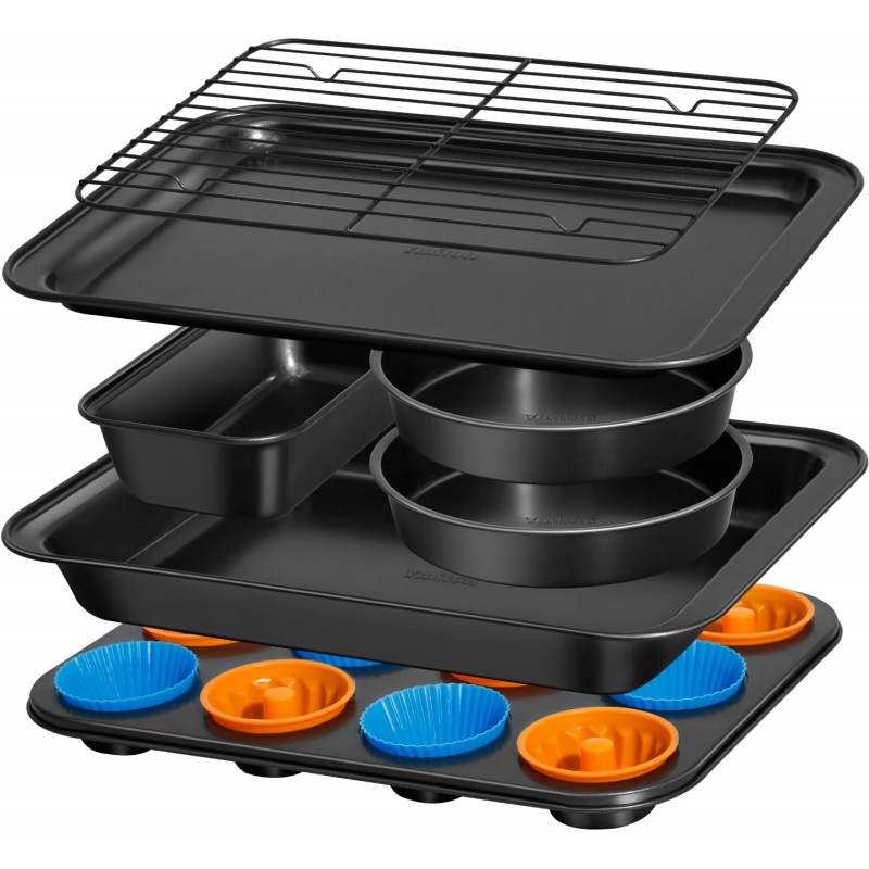 Nonstick Baking Pans Set, 19 PCS Stackable Bakeware Sets, Oven Pan Set Includes Baking Tray, Cookie Sheet, Cake Pans, Loaf Pan, Muffin Pan, Silicone Cups