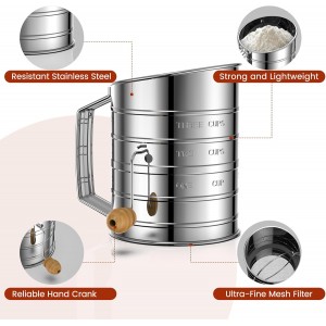 Flour Sifter for Baking, Stainless Steel 3 Cup Flour Sifter with Rotary Hand Crank, Fine Mesh and Agitator Flour Duster, Esvopa