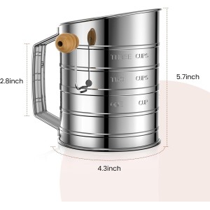 Flour Sifter for Baking, Stainless Steel 3 Cup Flour Sifter with Rotary Hand Crank, Fine Mesh and Agitator Flour Duster, Esvopa