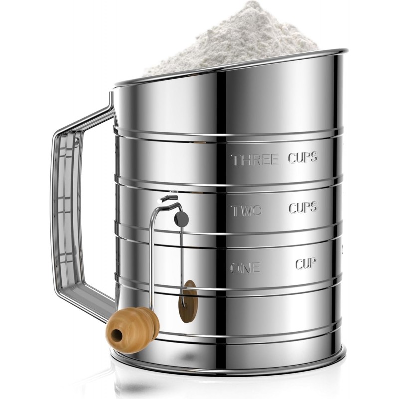 Flour Sifter for Baking, Stainless Steel 3 Cup Flour Sifter with Rotary Hand Crank, Fine Mesh and Agitator Flour Duster, Esvopa