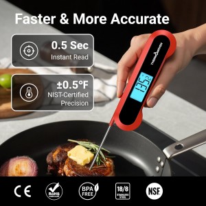 Professional 0.5 Sec Instant Read Meat Thermometer Digital, NIST Certified ±0.5℉ Accuracy, Auto Rotate Large LCD Display, Highly Waterproof Cooking Thermometer for Baking Grill BBQ Smoker Oven, Red