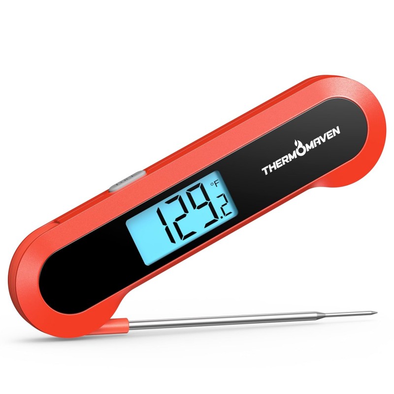 Professional 0.5 Sec Instant Read Meat Thermometer Digital, NIST Certified ±0.5℉ Accuracy, Auto Rotate Large LCD Display, Highly Waterproof Cooking Thermometer for Baking Grill BBQ Smoker Oven, Red