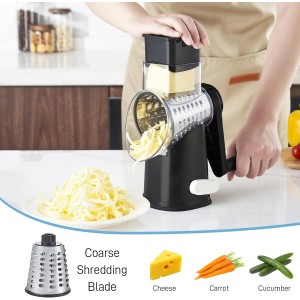 VEKAYA Rotary Cheese Grater Hand Crank with 4 Interchangeable Stainless Steel Blades, Large Manual Handle Shredder and Waffle Slicer for Vegetables, Cheese and Nuts with Table Suction Base (Black)