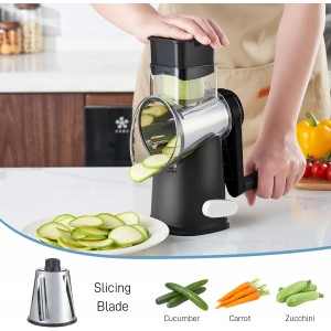VEKAYA Rotary Cheese Grater Hand Crank with 4 Interchangeable Stainless Steel Blades, Large Manual Handle Shredder and Waffle Slicer for Vegetables, Cheese and Nuts with Table Suction Base (Black)