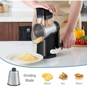 VEKAYA Rotary Cheese Grater Hand Crank with 4 Interchangeable Stainless Steel Blades, Large Manual Handle Shredder and Waffle Slicer for Vegetables, Cheese and Nuts with Table Suction Base (Black)