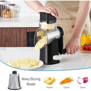 VEKAYA Rotary Cheese Grater Hand Crank with 4 Interchangeable Stainless Steel Blades, Large Manual Handle Shredder and Waffle Slicer for Vegetables, Cheese and Nuts with Table Suction Base (Black)