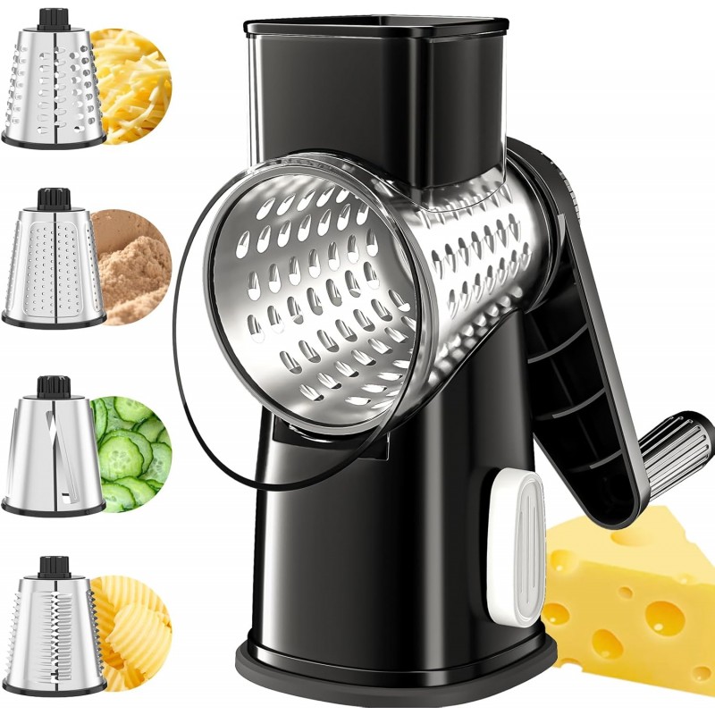 VEKAYA Rotary Cheese Grater Hand Crank with 4 Interchangeable Stainless Steel Blades, Large Manual Handle Shredder and Waffle Slicer for Vegetables, Cheese and Nuts with Table Suction Base (Black)