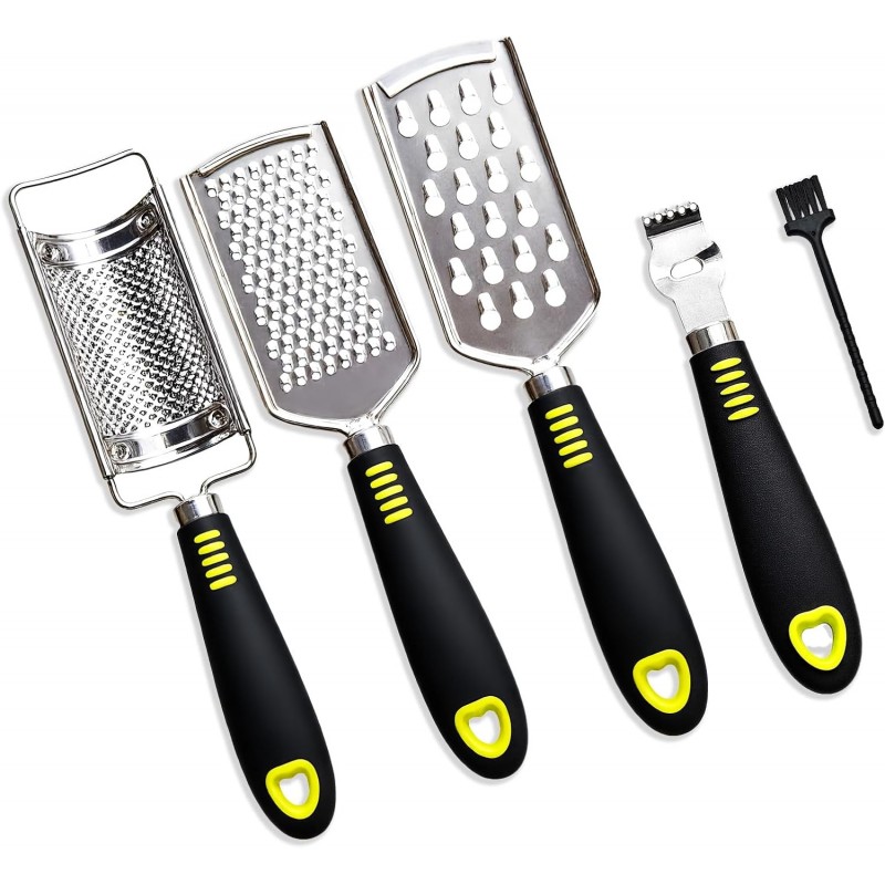 5 Pcs Stainless Steel Cheese Grater with Handle, Handheld Lemon Zester Grater with Handle, Hand Graters for Kitchen Graters & Peeler & Slicer, for Vegetable Fruit Kitchen Aid, with 1 Brush & 1 Box