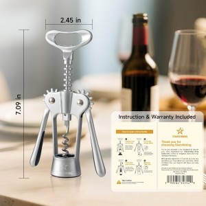 Wine Opener,Heavy-Duty Zinc Alloy Wing Corkscrew Wine Bottle Opener with Sharp Spiral Screw,Round Handles,Matte Silver