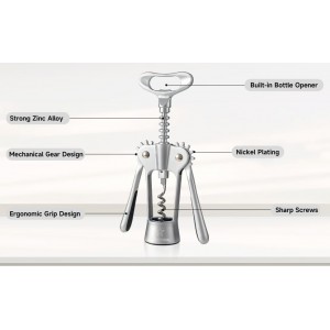 Wine Opener,Heavy-Duty Zinc Alloy Wing Corkscrew Wine Bottle Opener with Sharp Spiral Screw,Round Handles,Matte Silver