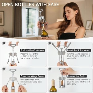 Wine Opener,Heavy-Duty Zinc Alloy Wing Corkscrew Wine Bottle Opener with Sharp Spiral Screw,Round Handles,Matte Silver