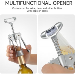 Wine Opener,Heavy-Duty Zinc Alloy Wing Corkscrew Wine Bottle Opener with Sharp Spiral Screw,Round Handles,Matte Silver