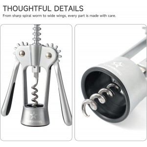 Wine Opener,Heavy-Duty Zinc Alloy Wing Corkscrew Wine Bottle Opener with Sharp Spiral Screw,Round Handles,Matte Silver