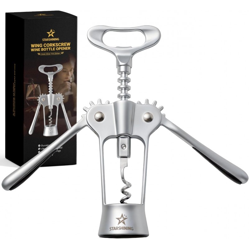 Wine Opener,Heavy-Duty Zinc Alloy Wing Corkscrew Wine Bottle Opener with Sharp Spiral Screw,Round Handles,Matte Silver