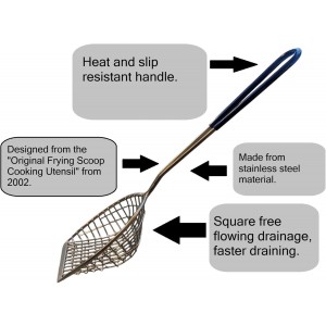 The Original Frying Scoop, stainless steel skimmer for cooking, draining and frying