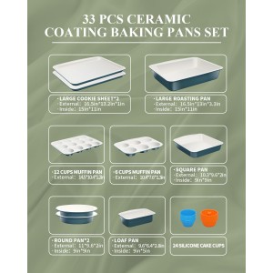 Ceramic Nonstick Baking Pans Set, Non Toxic 33 PCS Stackable Bakeware Sets, 550°F Oven Safe Baking Sheet & Pans, Warp-Free, Dishwasher Safe, PTFE/PFOA/PFOS-Free (Blue)
