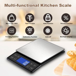 Digital Kitchen Scale with 0.1g/0.001oz High Precision, 5kg/11lb Food Bakery Scale with% Percentage Function, Tare Function, USB Rechargeable or AAA Battery Power, Stainless Steel Pan