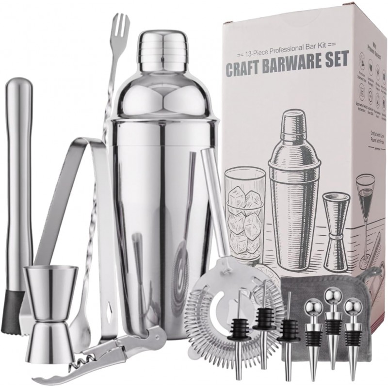 13-Piece Bartender Kit Bar Tool Set – Boston Cocktail Shaker Set with Muddler,Strainer,Jigger,Spoon–Home Bar Accessories and Drink Mixer Gift for Bartesian,Housewarming, Bar Cart Decor