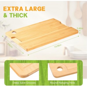 Bamboo Cutting Boards for Kitchen 14.9" x 9.6", Reversible Wood Cutting Board with Juice Groove & Side Handles, Chopping Board for Meat & Cheese, 100% Organic Bamboo