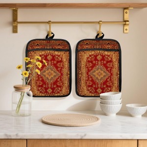 Boho Vintage Oriental Floral Pot Holders 2 Pack Set, Red and Gold Antique Rustic Flower Heat Resistant Oven Hot Pads for Kitchen Countertop Baking，066 Potholder