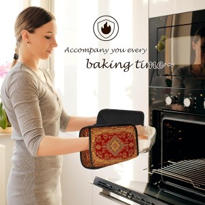 Boho Vintage Oriental Floral Pot Holders 2 Pack Set, Red and Gold Antique Rustic Flower Heat Resistant Oven Hot Pads for Kitchen Countertop Baking，066 Potholder