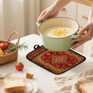 Boho Vintage Oriental Floral Pot Holders 2 Pack Set, Red and Gold Antique Rustic Flower Heat Resistant Oven Hot Pads for Kitchen Countertop Baking，066 Potholder