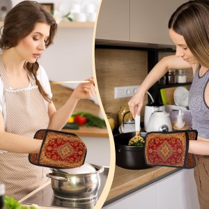 Boho Vintage Oriental Floral Pot Holders 2 Pack Set, Red and Gold Antique Rustic Flower Heat Resistant Oven Hot Pads for Kitchen Countertop Baking，066 Potholder