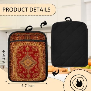 Boho Vintage Oriental Floral Pot Holders 2 Pack Set, Red and Gold Antique Rustic Flower Heat Resistant Oven Hot Pads for Kitchen Countertop Baking，066 Potholder