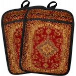 Boho Vintage Oriental Floral Pot Holders 2 Pack Set, Red and Gold Antique Rustic Flower Heat Resistant Oven Hot Pads for Kitchen Countertop Baking，066 Potholder