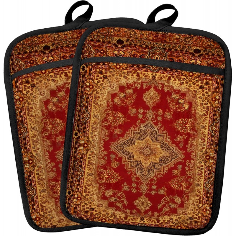 Boho Vintage Oriental Floral Pot Holders 2 Pack Set, Red and Gold Antique Rustic Flower Heat Resistant Oven Hot Pads for Kitchen Countertop Baking，066 Potholder
