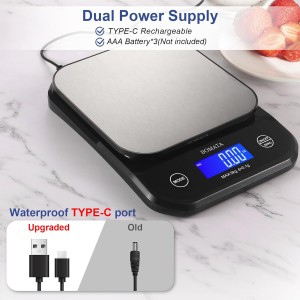 BOMATA Waterproof Kitchen Scale, 0.1g/0.01oz High Precision, 5kg/11lb, Washable, USB Rechargeable, Digital Scale for Food,Cooking, Baking, Weight Loss, Grey