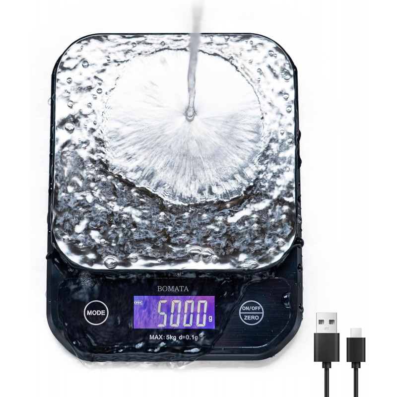 BOMATA Waterproof Kitchen Scale, 0.1g/0.01oz High Precision, 5kg/11lb, Washable, USB Rechargeable, Digital Scale for Food,Cooking, Baking, Weight Loss, Grey