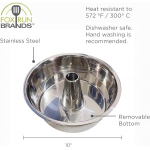 Fox Run Stainless Steel Angel Food Cake Pan, Tube Cake Pan With Removable Bottom, Round 10