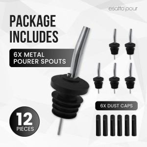 6-Pack Stainless Steel Liquor Pour Spouts for Bottles - Built-in Hinged Lids with 3 Bottle Adapters - Drip-Free Spout for Olive Oil, Wine - Ideal for Cocktails, Bar Use, Kitchen Pourers - Rust-Free