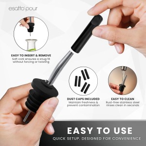 6-Pack Stainless Steel Liquor Pour Spouts for Bottles - Built-in Hinged Lids with 3 Bottle Adapters - Drip-Free Spout for Olive Oil, Wine - Ideal for Cocktails, Bar Use, Kitchen Pourers - Rust-Free