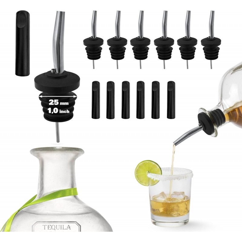 6-Pack Stainless Steel Liquor Pour Spouts for Bottles - Built-in Hinged Lids with 3 Bottle Adapters - Drip-Free Spout for Olive Oil, Wine - Ideal for Cocktails, Bar Use, Kitchen Pourers - Rust-Free