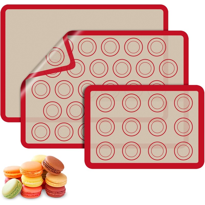 Macaron Silicone Baking Mats, 3 PCS Non Stick Macaroon Mat Silicone for Macarons, Cookie, Pastry, Red