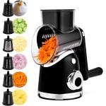SUSTEAS Rotary Cheese Grater with Handle,Vegetable Slicer with 6 Interchangeable Blades, Reinforced Suction,Easy to Clean,Kitchen Shredder for Crushed Ice,Fruits and Nuts with Blade Storage Case,Black
