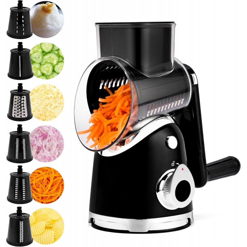 SUSTEAS Rotary Cheese Grater with Handle,Vegetable Slicer with 6 Interchangeable Blades, Reinforced Suction,Easy to Clean,Kitchen Shredder for Crushed Ice,Fruits and Nuts with Blade Storage Case,Black