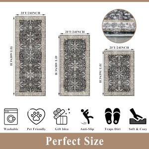 3-Piece Washable Kitchen Rug Set of 3 with Runner – Non-Slip Boho Kitchen Mats for Hardwood Floor, Sink & Entryway & Bathroom, Home Decor (Black,2x3+2x4+2x5)