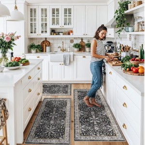 3-Piece Washable Kitchen Rug Set of 3 with Runner – Non-Slip Boho Kitchen Mats for Hardwood Floor, Sink & Entryway & Bathroom, Home Decor (Black,2x3+2x4+2x5)