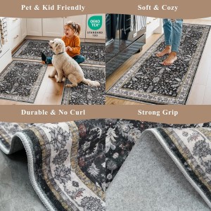 3-Piece Washable Kitchen Rug Set of 3 with Runner – Non-Slip Boho Kitchen Mats for Hardwood Floor, Sink & Entryway & Bathroom, Home Decor (Black,2x3+2x4+2x5)