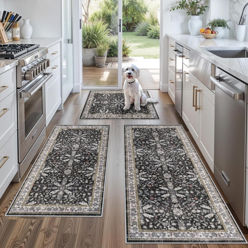 3-Piece Washable Kitchen Rug Set of 3 with Runner – Non-Slip Boho Kitchen Mats for Hardwood Floor, Sink & Entryway & Bathroom, Home Decor (Black,2x3+2x4+2x5)