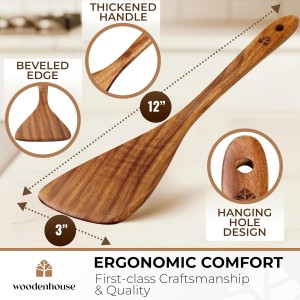 Wooden Spatula for Cooking, 12 Inch - Easy to Clean, Long-Lasting & Sturdy Natural Acacia Wood Spatula for Cooking - Wooden Spatulas with Comfortable Handle, Perfect for Flipping, Turning & Frying