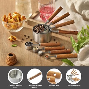 8PCS Measuring Cups, DAJLFA Stainless Steel Measuring Cups and Spoons Set with Ergonomic Wooden Handle for Cooking & Baking