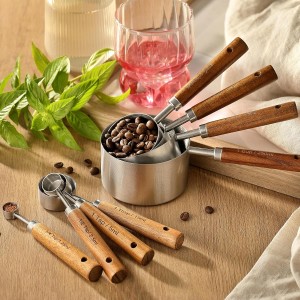 8PCS Measuring Cups, DAJLFA Stainless Steel Measuring Cups and Spoons Set with Ergonomic Wooden Handle for Cooking & Baking