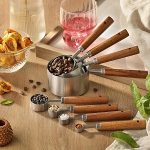 8PCS Measuring Cups, DAJLFA Stainless Steel Measuring Cups and Spoons Set with Ergonomic Wooden Handle for Cooking & Baking